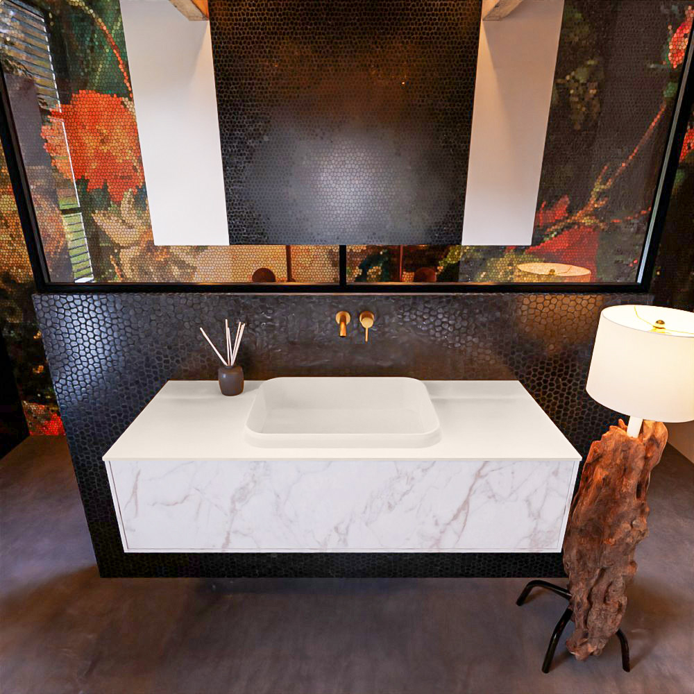 Badkamermeubelset Mondiaz Erin 120 cm met 1 Lade met RIDGE Wastafel Midden Linen Zonder Kraangaten Greeploos Mat Carrara