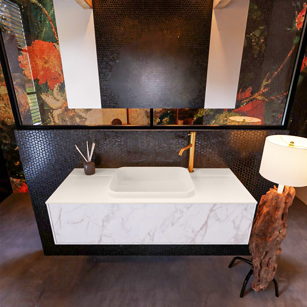 Badkamermeubelset Mondiaz Erin 120 cm met 1 Lade met RIDGE Wastafel Midden Linen met 1 kraangat Greeploos Mat Carrara
