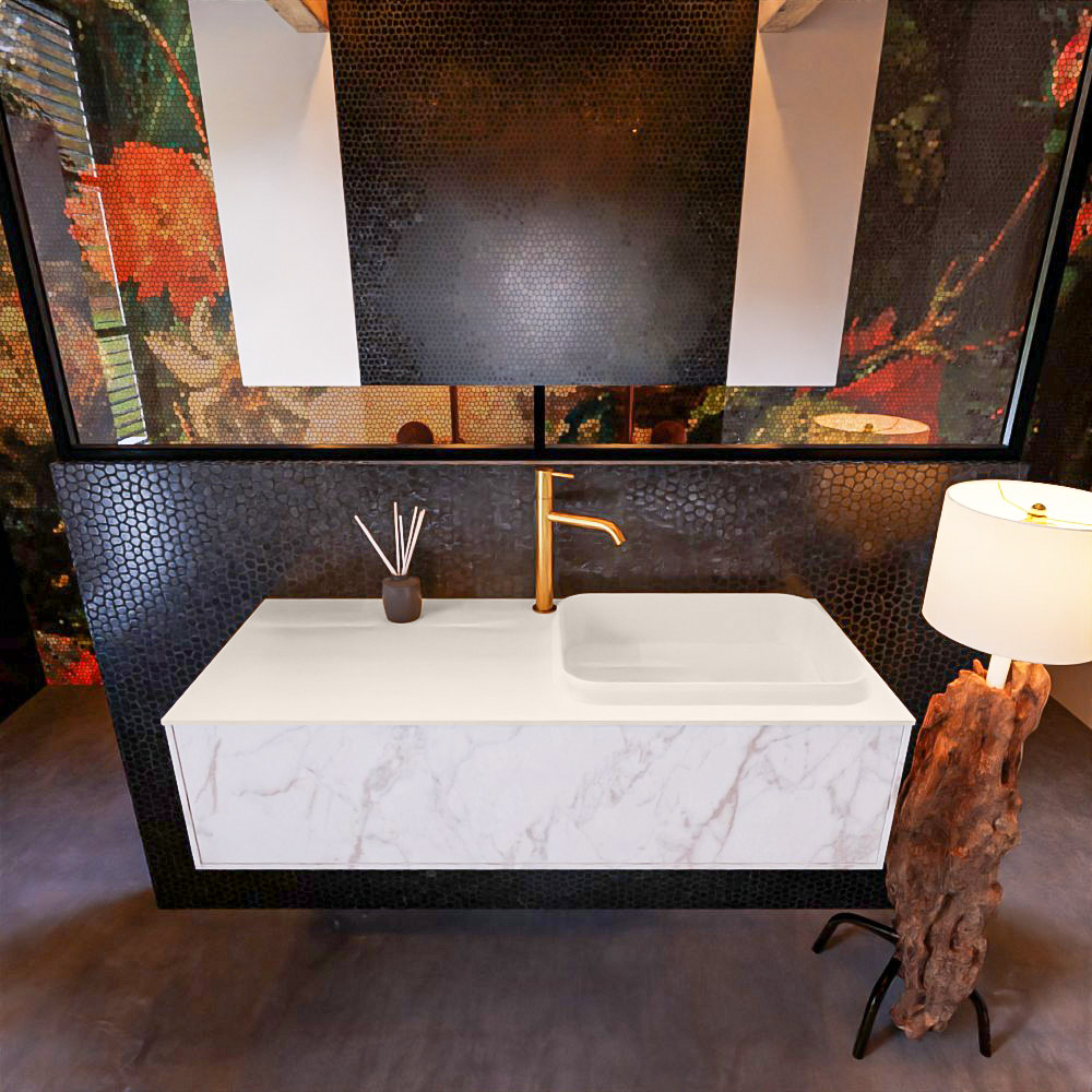 Badkamermeubelset Mondiaz Erin 120 cm met 1 Lade met RIDGE Wastafel Rechts Linen met 1 kraangat Greeploos Mat Carrara