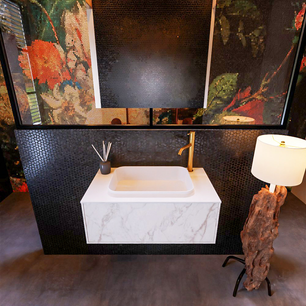 Badkamermeubelset Mondiaz Erin 80 cm met 1 Lade met RIDGE Wastafel Midden Talc met 1 kraangat Greeploos Mat Carrara