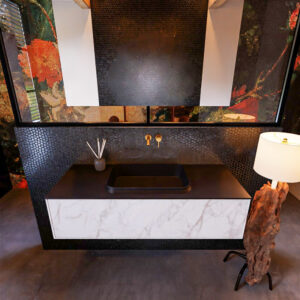 Badkamermeubelset Mondiaz Erin 120 cm met 1 Lade met RIDGE Wastafel Midden Urban Zonder Kraangaten Greeploos Mat Carrara