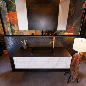 Badkamermeubelset Mondiaz Erin 120 cm met 1 Lade met RIDGE Wastafel Midden Urban met 1 kraangat Greeploos Mat Carrara