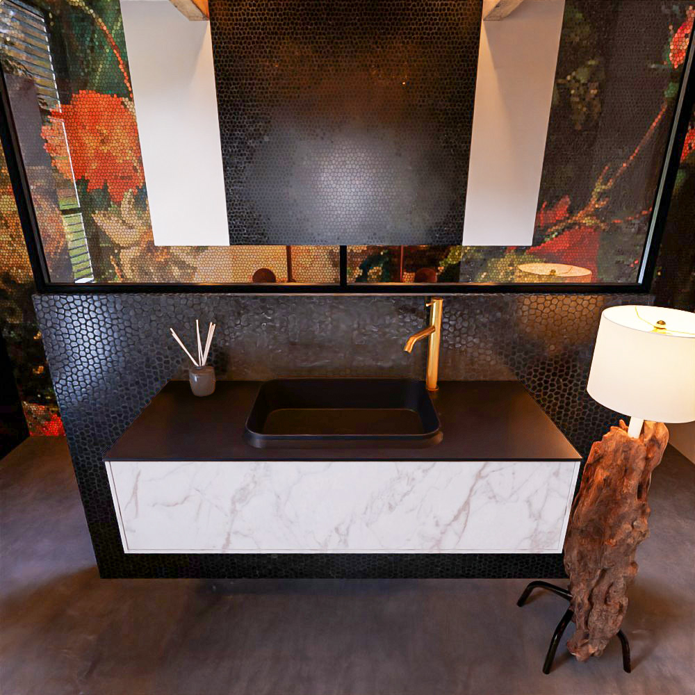 Badkamermeubelset Mondiaz Erin 120 cm met 1 Lade met RIDGE Wastafel Midden Urban met 1 kraangat Greeploos Mat Carrara