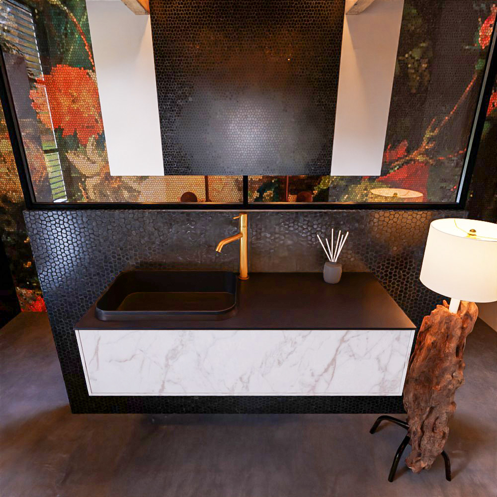 Badkamermeubelset Mondiaz Erin 120 cm met 1 Lade met RIDGE Wastafel Links Urban met 1 kraangat Greeploos Mat Carrara