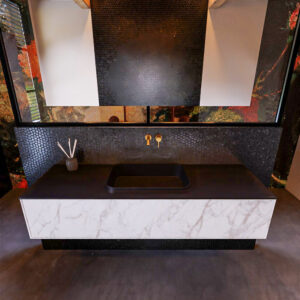 Badkamermeubelset Mondiaz Erin 150 cm met 1 Lade met RIDGE Wastafel Midden Urban Zonder Kraangaten Greeploos Mat Carrara