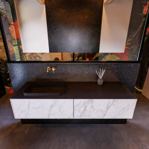 Badkamermeubelset Mondiaz Erin 150 cm met 2 Lades met RIDGE Wastafel Links Urban Zonder Kraangaten Greeploos Mat Carrara