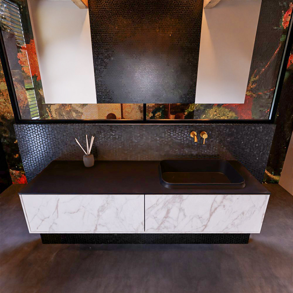 Badkamermeubelset Mondiaz Erin 150 cm met 2 Lades met RIDGE Wastafel Rechts Urban Zonder Kraangaten Greeploos Mat Carrara