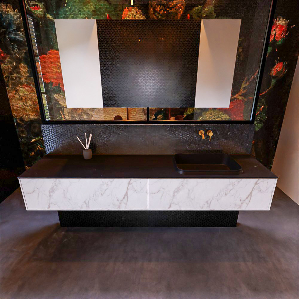 Badkamermeubelset Mondiaz Erin 200 cm met 2 Lades met RIDGE Wastafel Rechts Urban Zonder Kraangaten Greeploos Mat Carrara