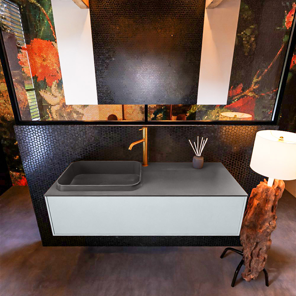 Badkamermeubelset Mondiaz Erin 120 cm met 1 Lade met RIDGE Wastafel Links Dark grey met 1 kraangat Greeploos Mat Clay