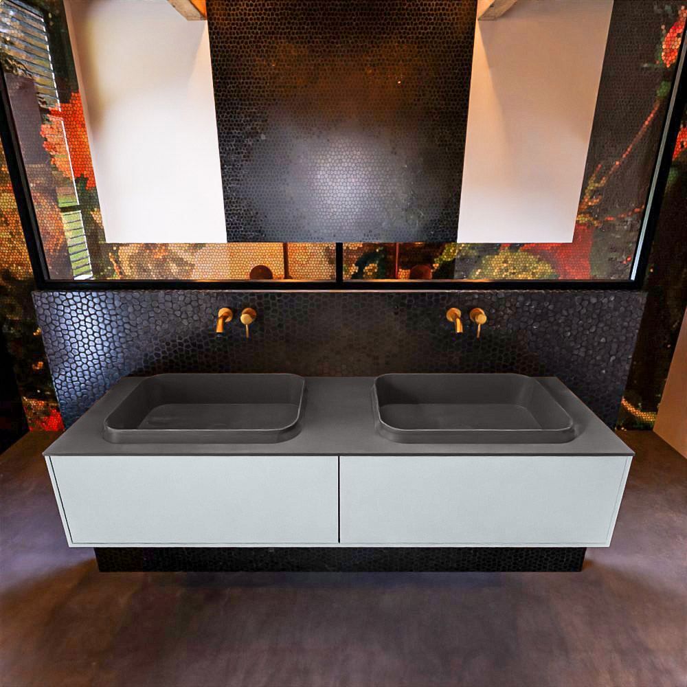 Badkamermeubelset Mondiaz Erin 150 cm met 2 Lades met RIDGE Wastafel Dubbel Dark grey Zonder Kraangaten Greeploos Mat Clay