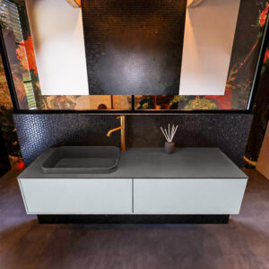 Badkamermeubelset Mondiaz Erin 150 cm met 2 Lades met RIDGE Wastafel Links Dark grey met 1 kraangat Greeploos Mat Clay