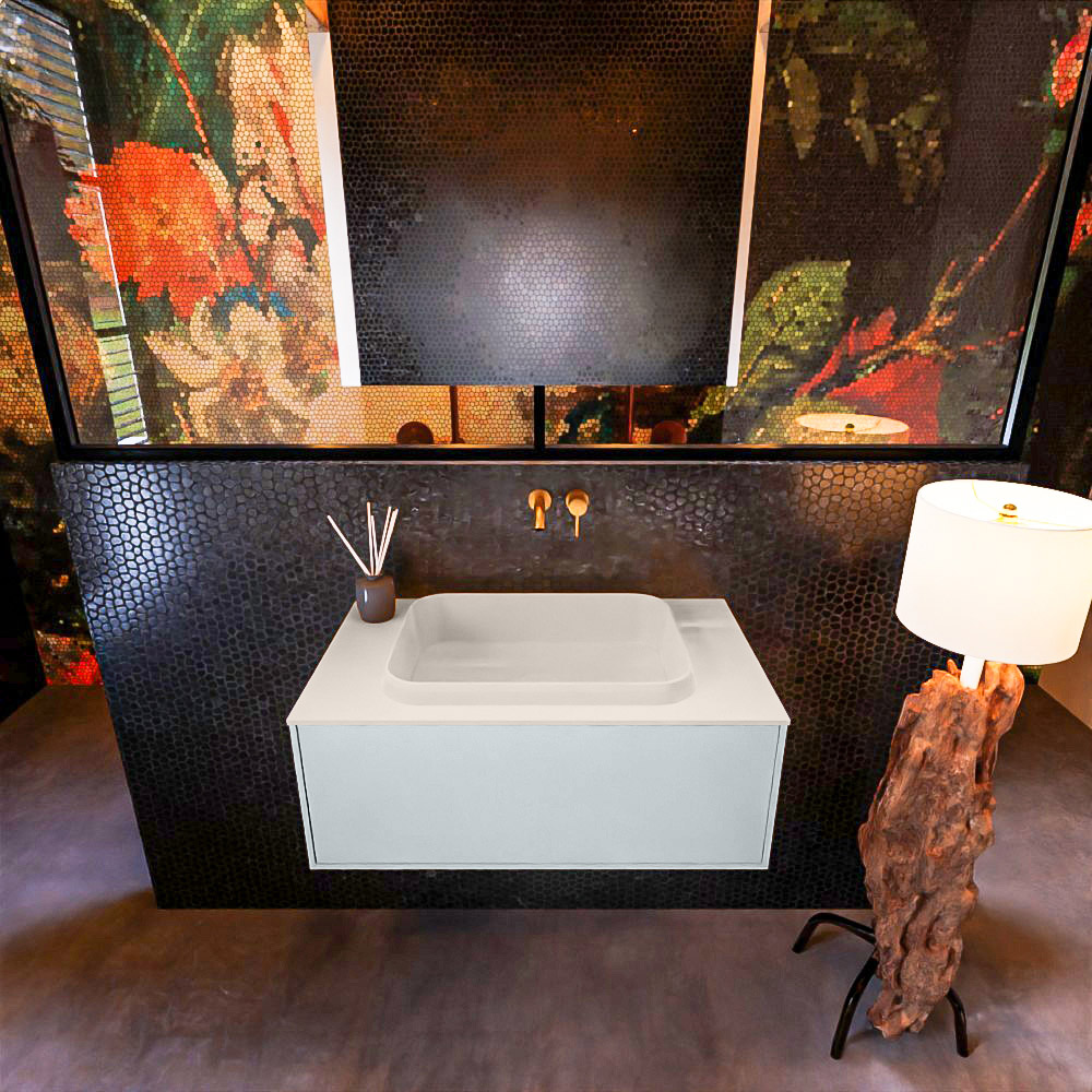 Badkamermeubelset Mondiaz Erin 80 cm met 1 Lade met RIDGE Wastafel Midden Linen Zonder Kraangaten Greeploos Mat Clay