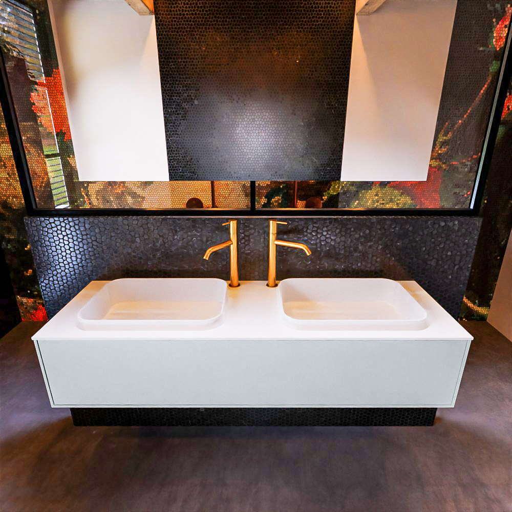 Badkamermeubelset Mondiaz Erin 150 cm met 1 Lade met RIDGE Wastafel Dubbel Talc met 2 kraangaten Greeploos Mat Clay