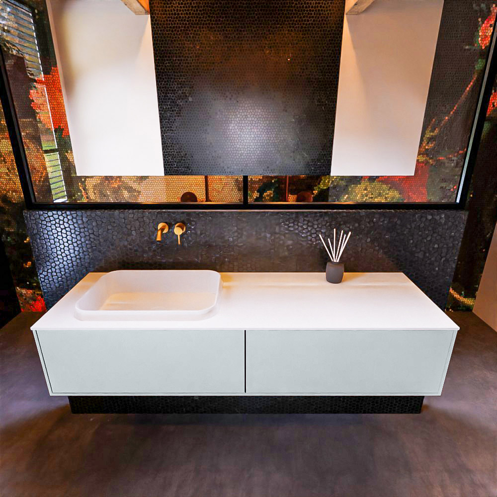 Badkamermeubelset Mondiaz Erin 150 cm met 2 Lades met RIDGE Wastafel Links Talc Zonder Kraangaten Greeploos Mat Clay