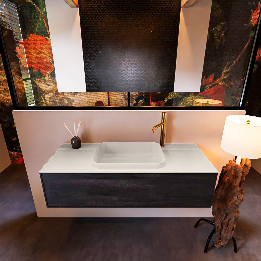 Badkamermeubelset Mondiaz Erin 120 cm met 1 Lade met RIDGE Wastafel Midden Linen met 1 kraangat Greeploos Mat Dark Brown