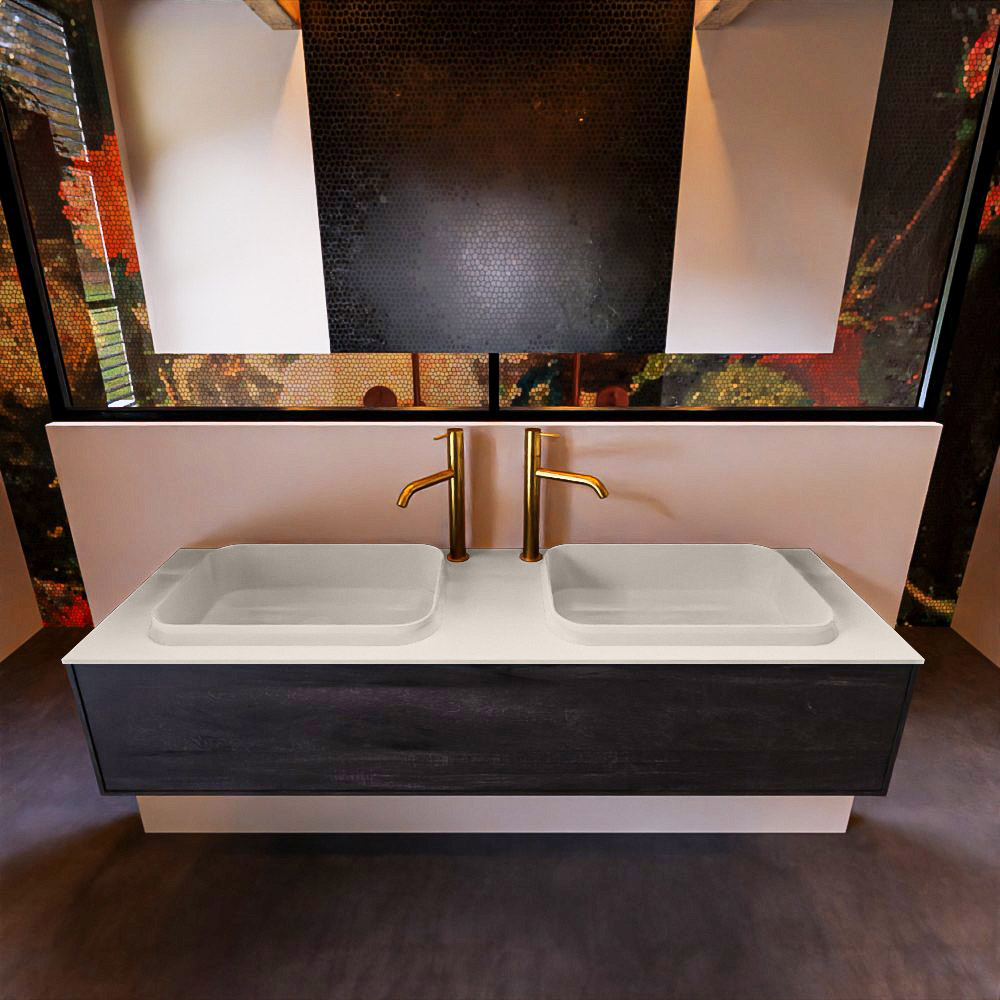 Badkamermeubelset Mondiaz Erin 150 cm met 1 Lade met RIDGE Wastafel Dubbel Linen met 2 kraangaten Greeploos Mat Dark Brown