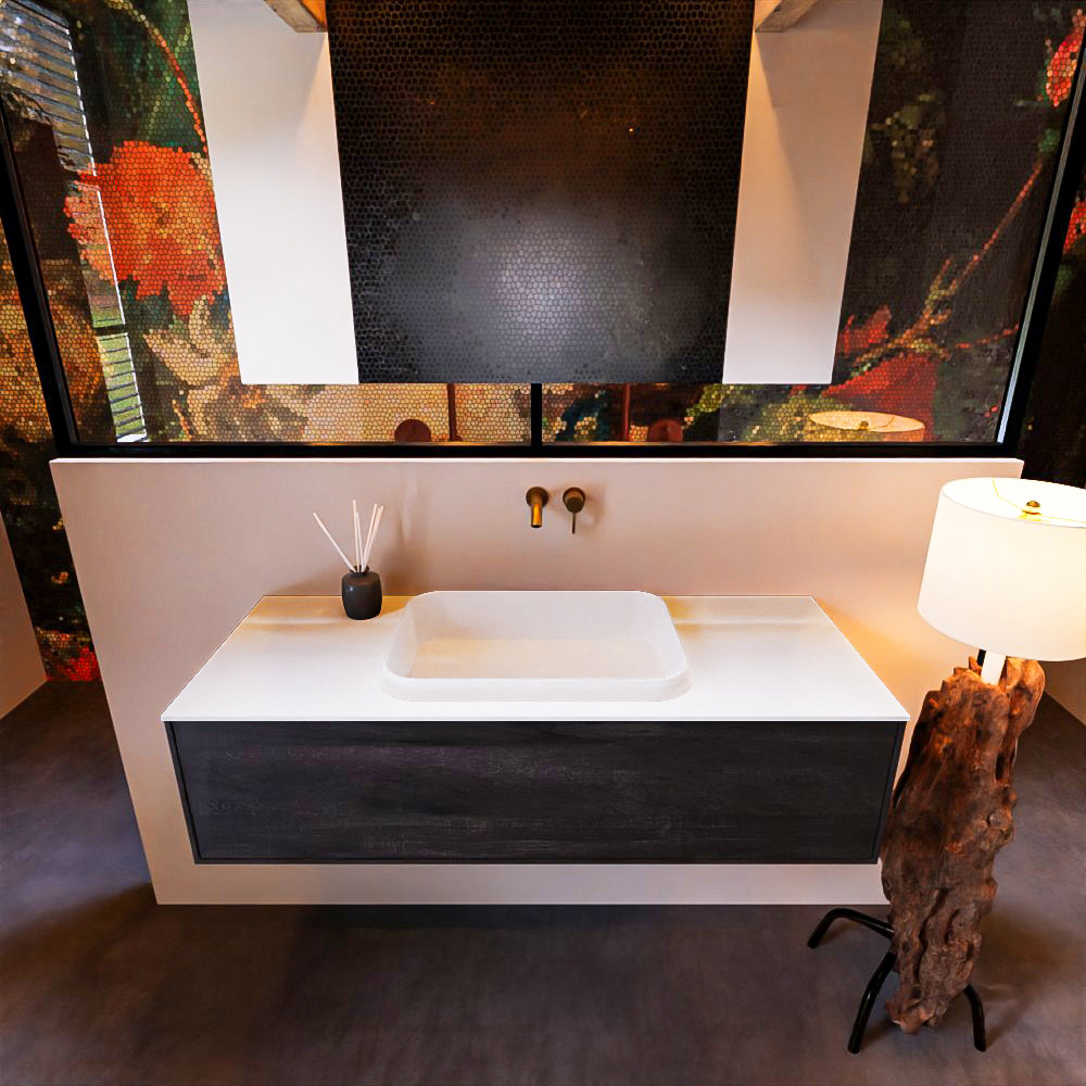 Badkamermeubelset Mondiaz Erin 120 cm met 1 Lade met RIDGE Wastafel Midden Talc Zonder Kraangaten Greeploos Mat Dark Brown