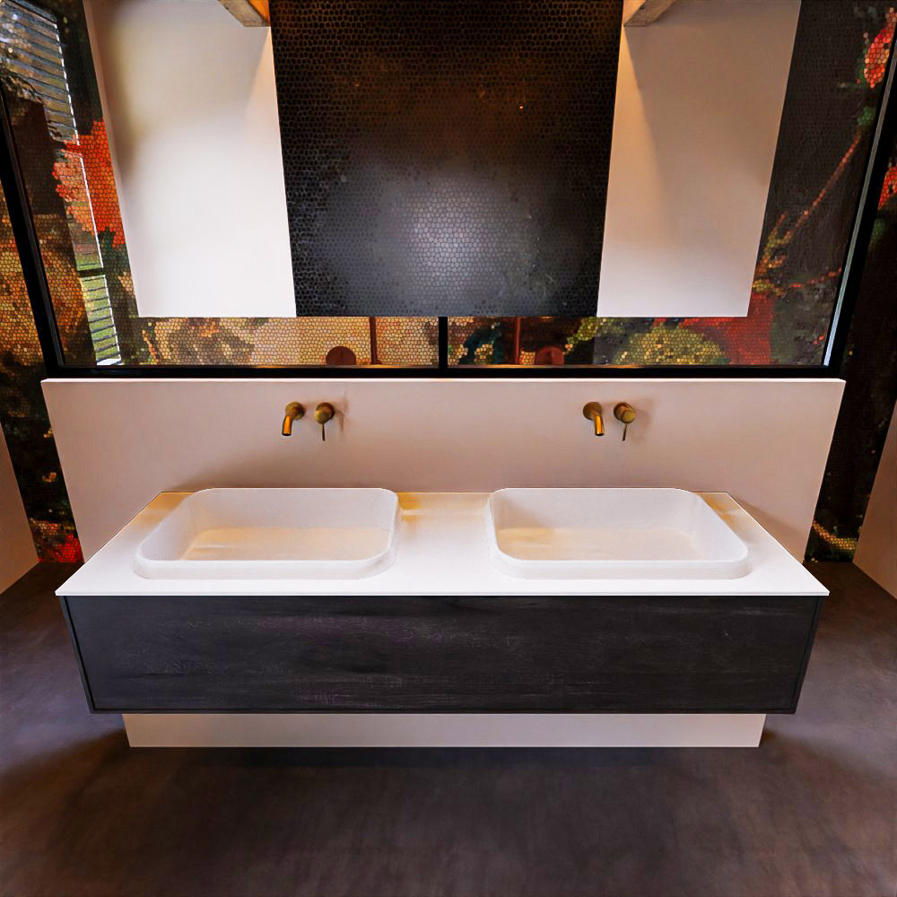 Badkamermeubelset Mondiaz Erin 150 cm met 1 Lade met RIDGE Wastafel Dubbel Talc Zonder Kraangaten Greeploos Mat Dark Brown