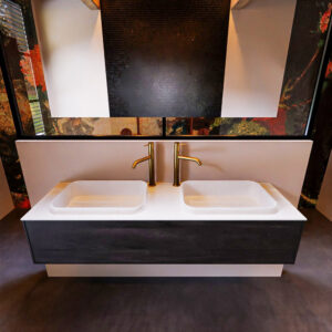 Badkamermeubelset Mondiaz Erin 150 cm met 1 Lade met RIDGE Wastafel Dubbel Talc met 2 kraangaten Greeploos Mat Dark Brown