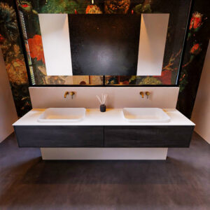 Badkamermeubelset Mondiaz Erin 200 cm met 2 Lades met RIDGE Wastafel Dubbel Talc Zonder Kraangaten Greeploos Mat Dark Brown