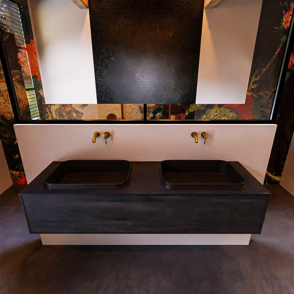 Badkamermeubelset Mondiaz Erin 150 cm met 1 Lade met RIDGE Wastafel Dubbel Urban Zonder Kraangaten Greeploos Mat Dark Brown