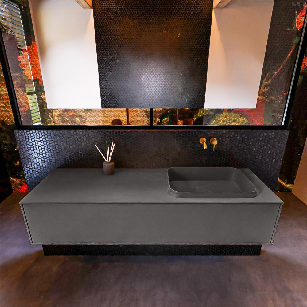 Badkamermeubelset Mondiaz Erin 150 cm met 1 Lade met RIDGE Wastafel Rechts Dark grey Zonder Kraangaten Greeploos Mat Dark Grey