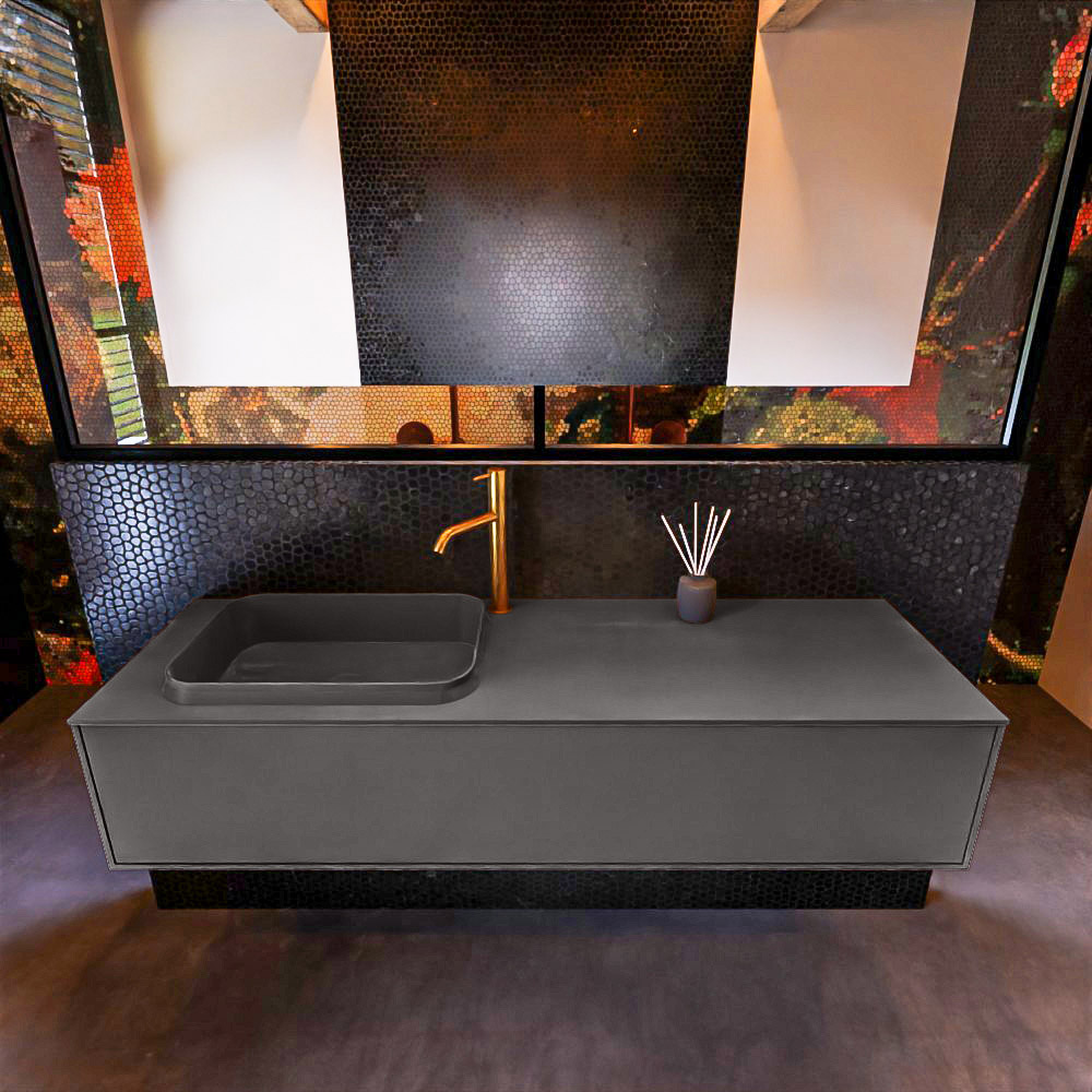 Badkamermeubelset Mondiaz Erin 150 cm met 1 Lade met RIDGE Wastafel Links Dark grey met 1 kraangat Greeploos Mat Dark Grey