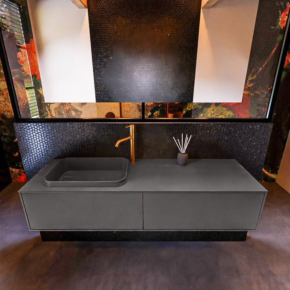 Badkamermeubelset Mondiaz Erin 150 cm met 2 Lades met RIDGE Wastafel Links Dark grey met 1 kraangat Greeploos Mat Dark Grey