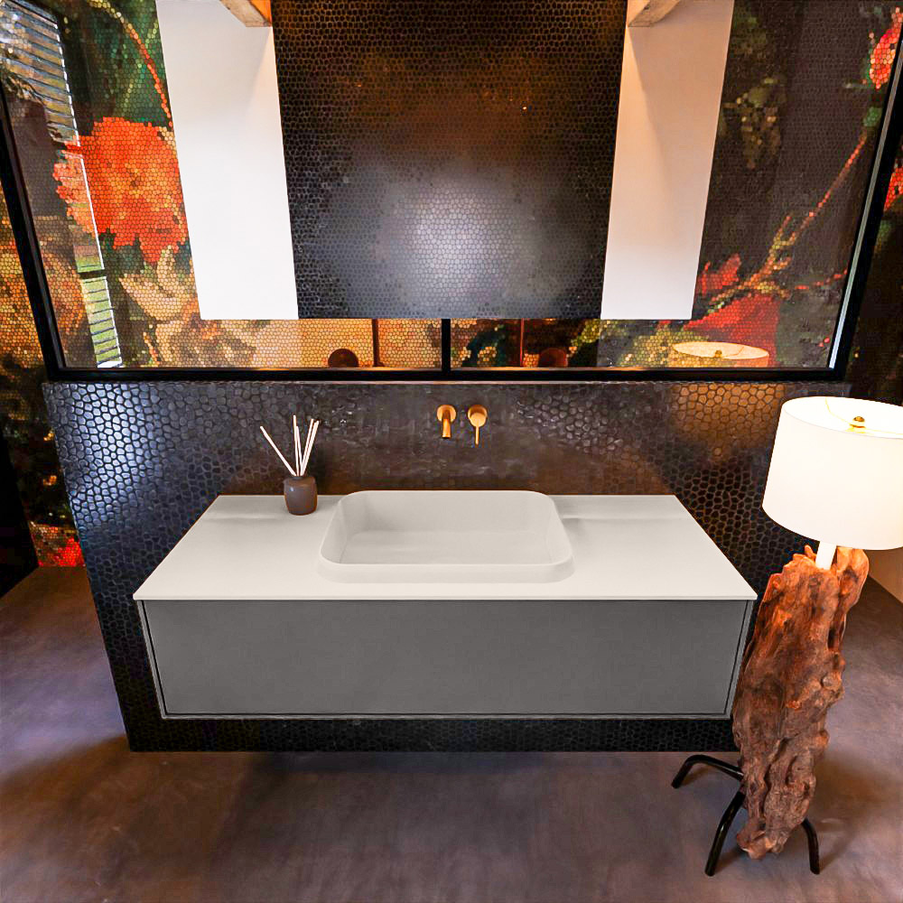 Badkamermeubelset Mondiaz Erin 120 cm met 1 Lade met RIDGE Wastafel Midden Linen Zonder Kraangaten Greeploos Mat Dark Grey