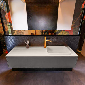 Badkamermeubelset Mondiaz Erin 150 cm met 1 Lade met RIDGE Wastafel Rechts Linen met 1 kraangat Greeploos Mat Dark Grey