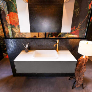 Badkamermeubelset Mondiaz Erin 120 cm met 1 Lade met RIDGE Wastafel Midden Talc met 1 kraangat Greeploos Mat Dark Grey