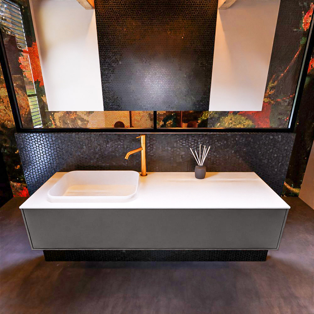 Badkamermeubelset Mondiaz Erin 150 cm met 1 Lade met RIDGE Wastafel Links Talc met 1 kraangat Greeploos Mat Dark Grey