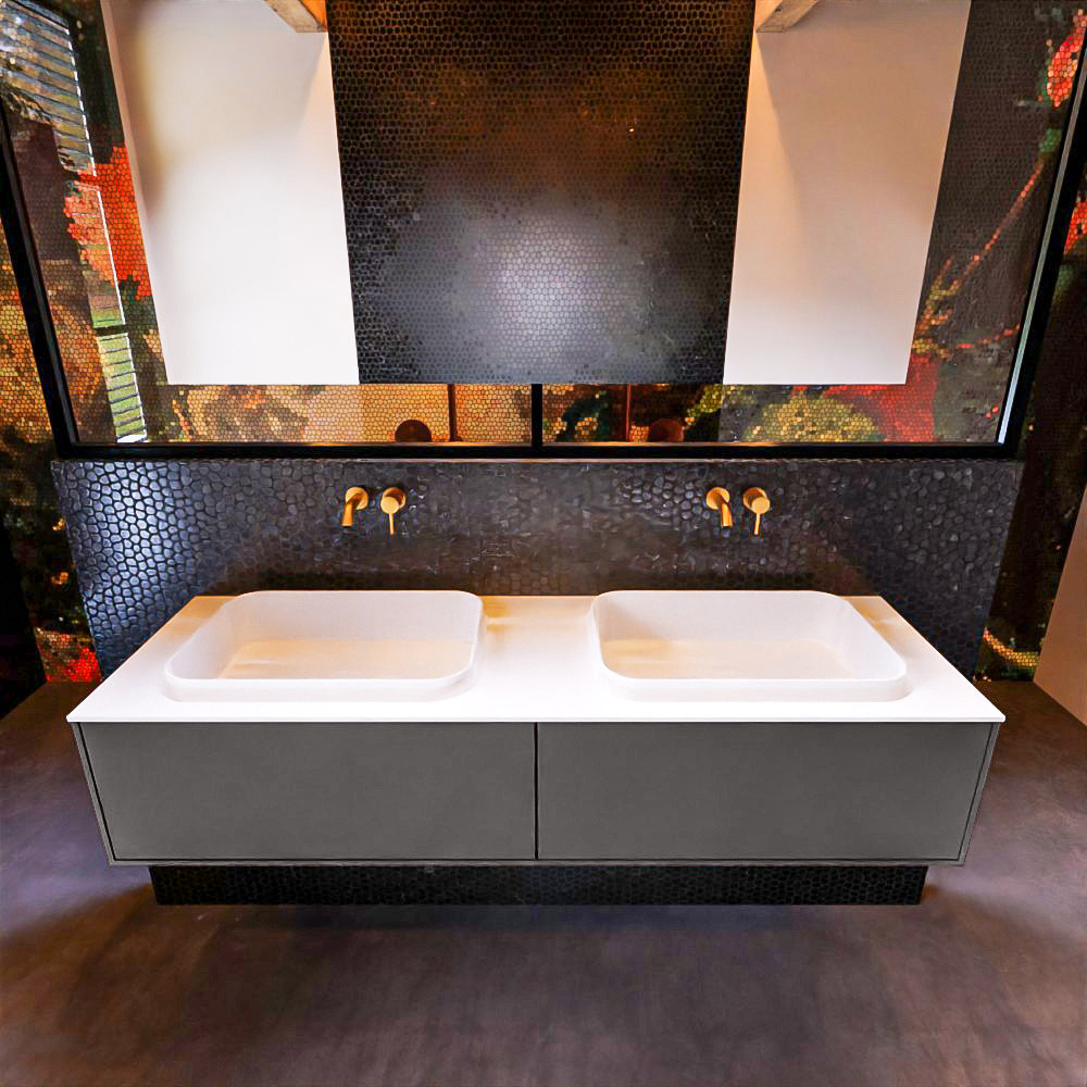 Badkamermeubelset Mondiaz Erin 150 cm met 2 Lades met RIDGE Wastafel Dubbel Talc Zonder Kraangaten Greeploos Mat Dark Grey