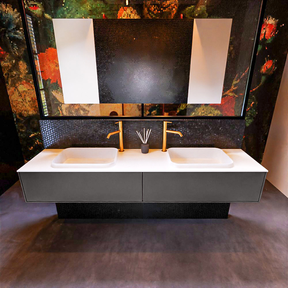 Badkamermeubelset Mondiaz Erin 200 cm met 2 Lades met RIDGE Wastafel Dubbel Talc met 2 kraangaten Greeploos Mat Dark Grey