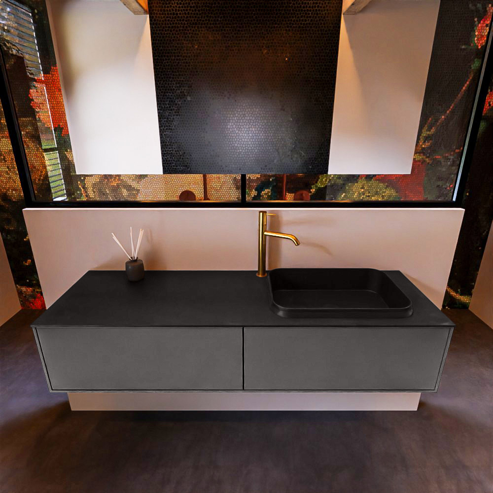 Badkamermeubelset Mondiaz Erin 150 cm met 2 Lades met RIDGE Wastafel Rechts Urban met 1 kraangat Greeploos Mat Dark Grey