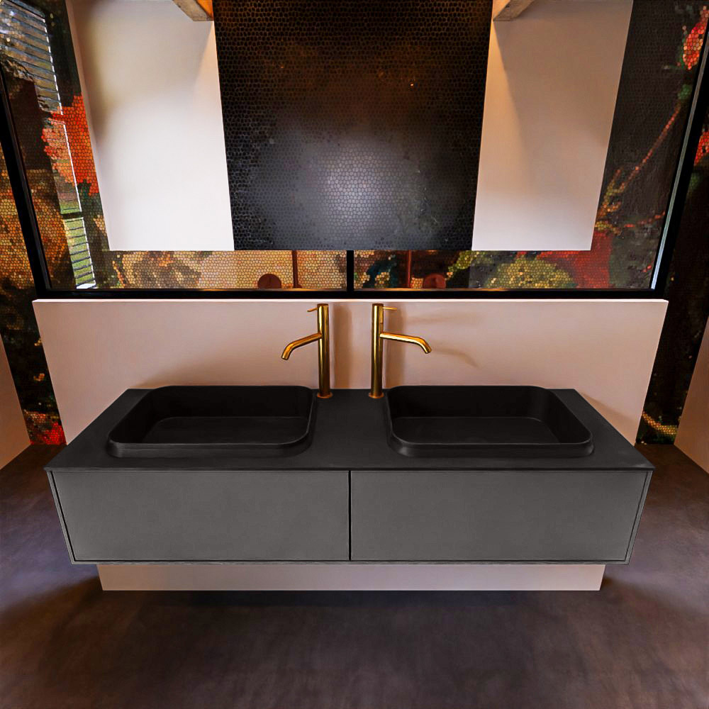 Badkamermeubelset Mondiaz Erin 150 cm met 2 Lades met RIDGE Wastafel Dubbel Urban met 2 kraangaten Greeploos Mat Dark Grey