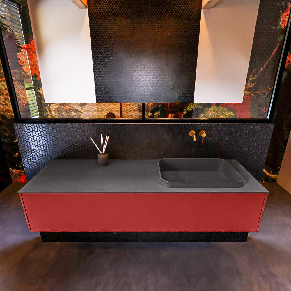 Badkamermeubelset Mondiaz Erin 150 cm met 1 Lade met RIDGE Wastafel Rechts Dark grey Zonder Kraangaten Greeploos Mat Fire