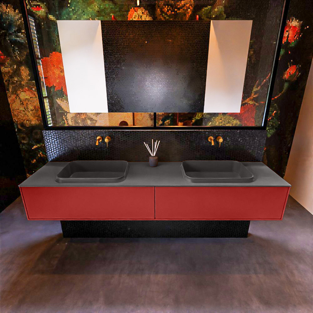 Badkamermeubelset Mondiaz Erin 200 cm met 2 Lades met RIDGE Wastafel Dubbel Dark grey Zonder Kraangaten Greeploos Mat Fire