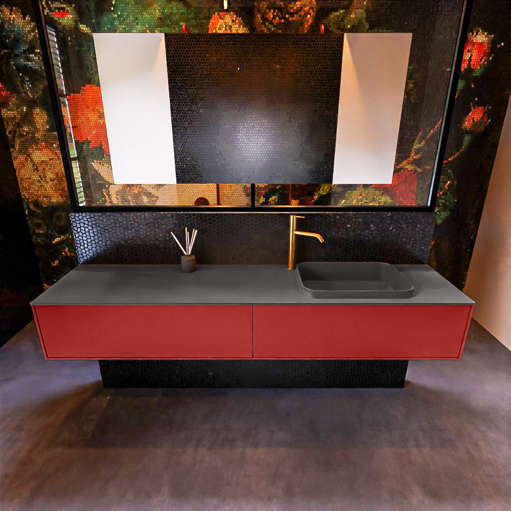 Badkamermeubelset Mondiaz Erin 200 cm met 2 Lades met RIDGE Wastafel Rechts Dark grey met 1 kraangat Greeploos Mat Fire