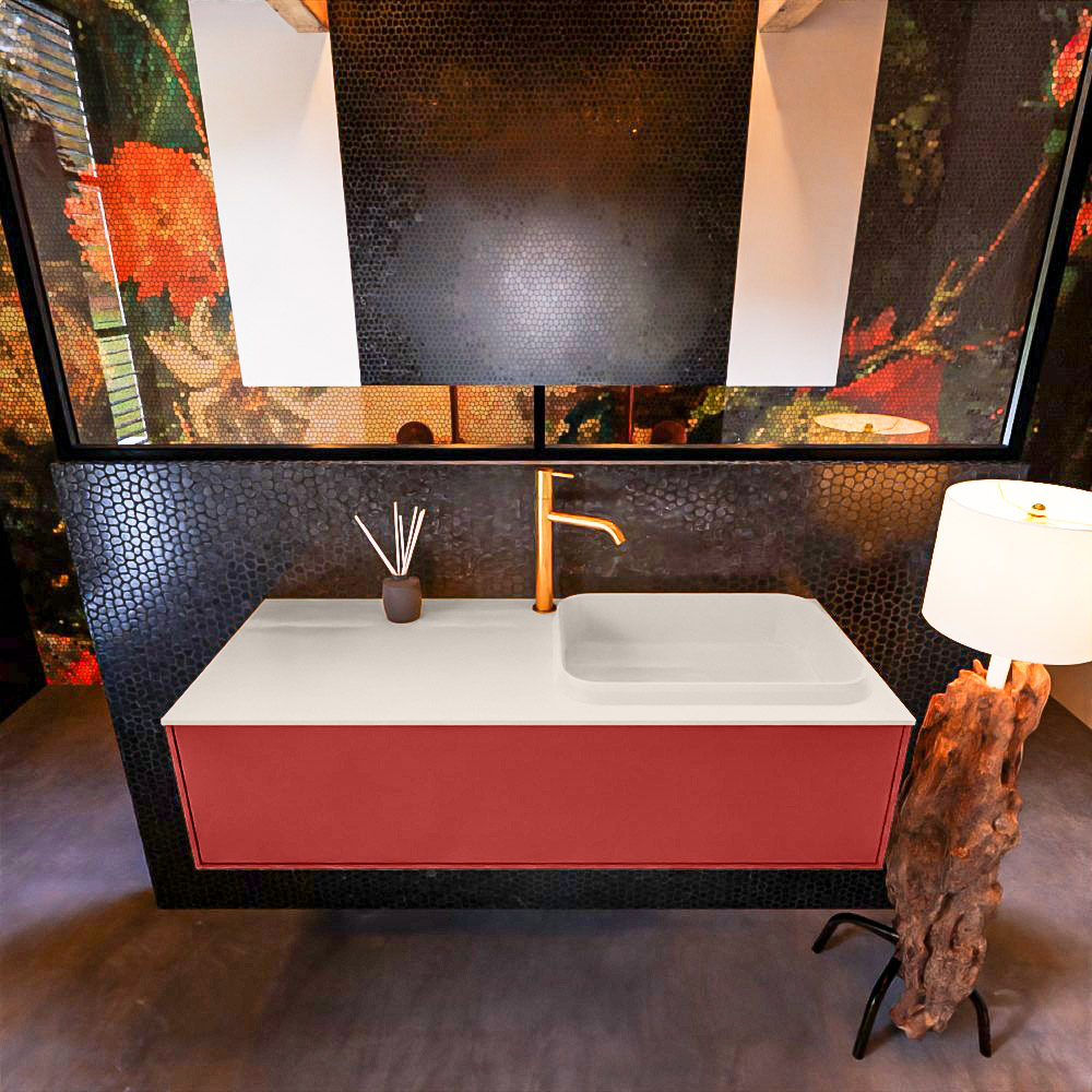 Badkamermeubelset Mondiaz Erin 120 cm met 1 Lade met RIDGE Wastafel Rechts Linen met 1 kraangat Greeploos Mat Fire