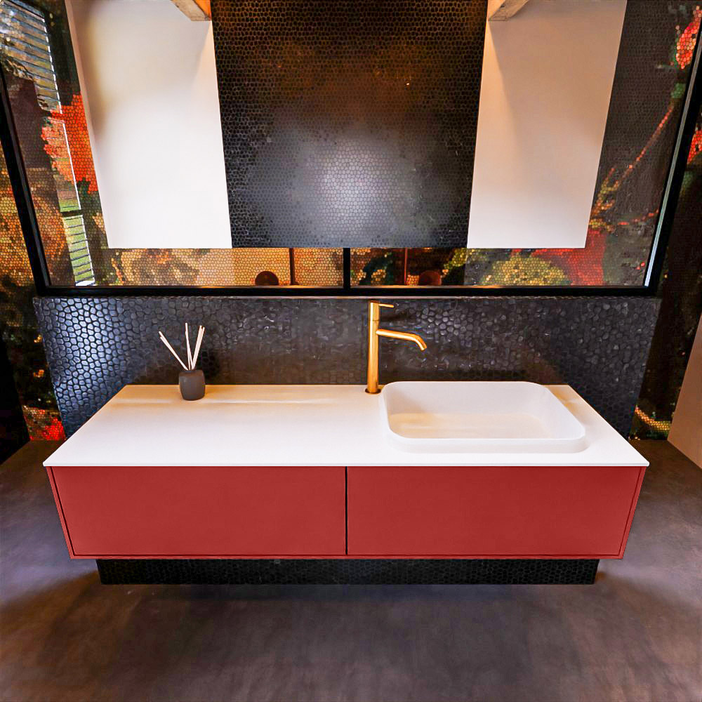 Badkamermeubelset Mondiaz Erin 150 cm met 2 Lades met RIDGE Wastafel Rechts Talc met 1 kraangat Greeploos Mat Fire