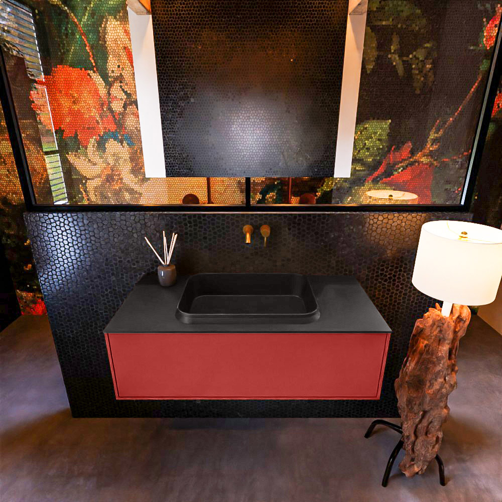 Badkamermeubelset Mondiaz Erin 100 cm met 1 Lade met RIDGE Wastafel Midden Urban Zonder Kraangaten Greeploos Mat Fire