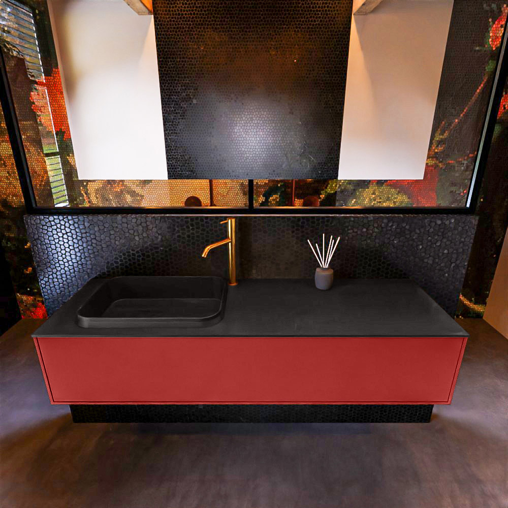 Badkamermeubelset Mondiaz Erin 150 cm met 1 Lade met RIDGE Wastafel Links Urban met 1 kraangat Greeploos Mat Fire