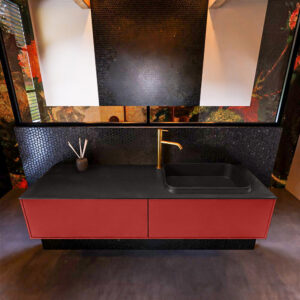 Badkamermeubelset Mondiaz Erin 150 cm met 2 Lades met RIDGE Wastafel Rechts Urban met 1 kraangat Greeploos Mat Fire