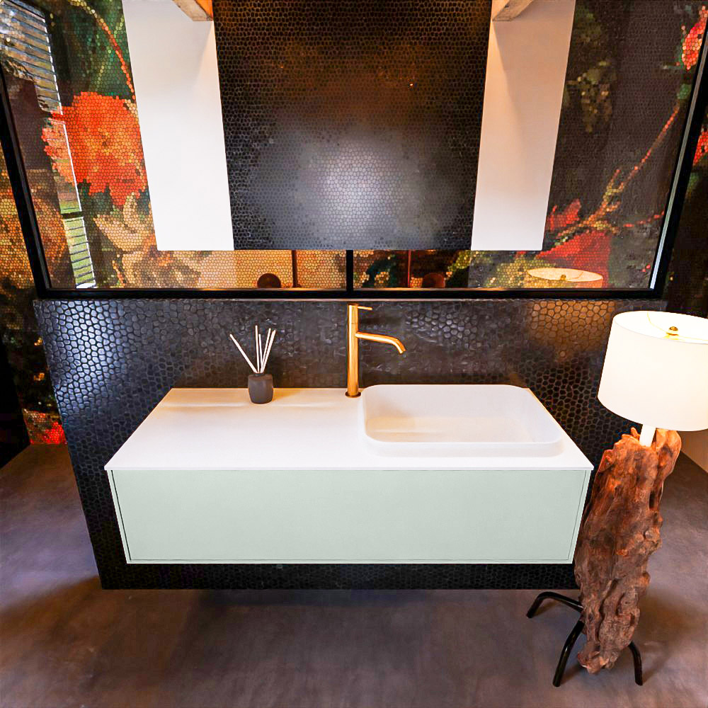 Badkamermeubelset Mondiaz Erin 120 cm met 1 Lade met RIDGE Wastafel Rechts Talc met 1 kraangat Greeploos Mat Greey