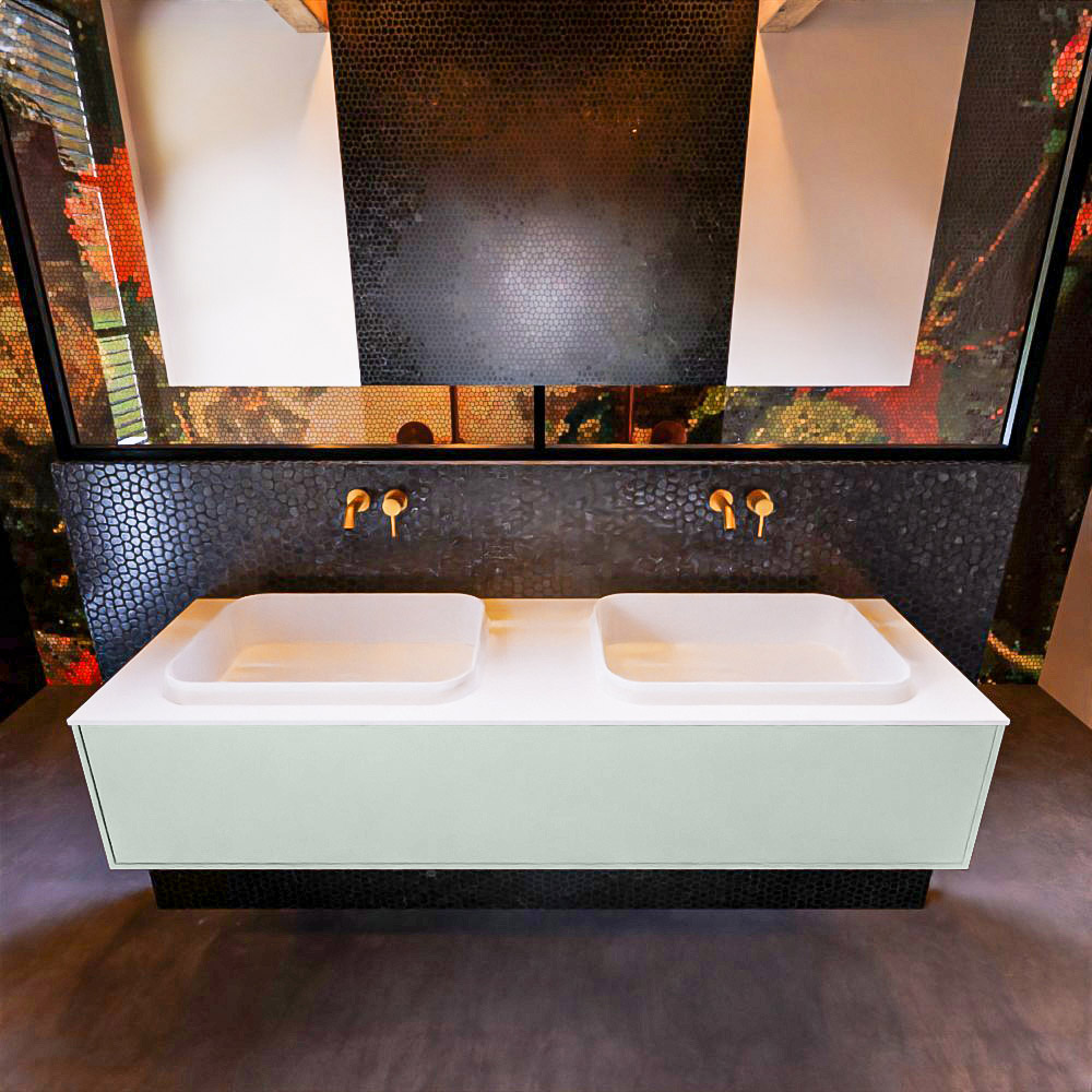 Badkamermeubelset Mondiaz Erin 150 cm met 1 Lade met RIDGE Wastafel Dubbel Talc Zonder Kraangaten Greeploos Mat Greey