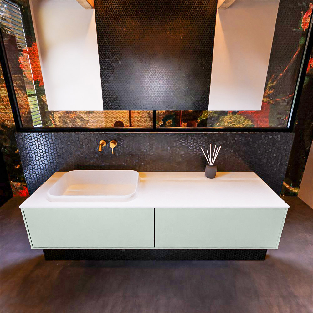 Badkamermeubelset Mondiaz Erin 150 cm met 2 Lades met RIDGE Wastafel Links Talc Zonder Kraangaten Greeploos Mat Greey