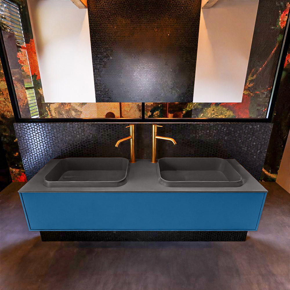 Badkamermeubelset Mondiaz Erin 150 cm met 1 Lade met RIDGE Wastafel Dubbel Dark grey met 2 kraangaten Greeploos Mat Jeans