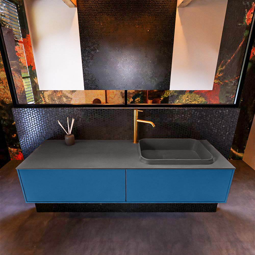 Badkamermeubelset Mondiaz Erin 150 cm met 2 Lades met RIDGE Wastafel Rechts Dark grey met 1 kraangat Greeploos Mat Jeans
