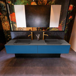 Badkamermeubelset Mondiaz Erin 200 cm met 2 Lades met RIDGE Wastafel Dubbel Dark grey met 2 kraangaten Greeploos Mat Jeans